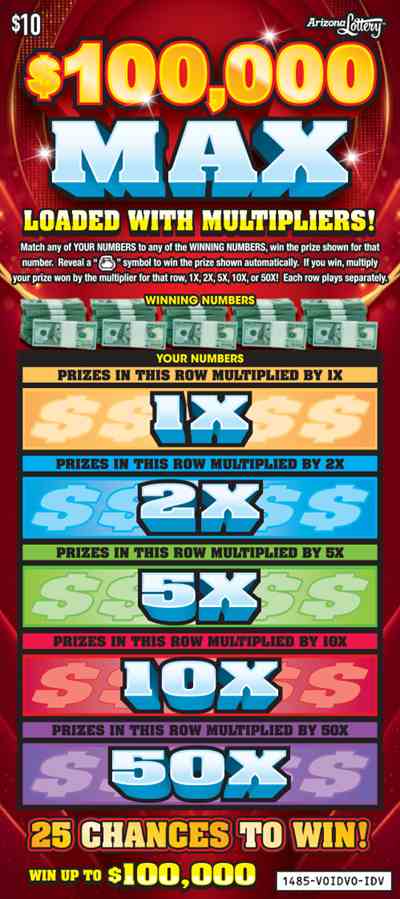 $100,000 Max scratchcard - game number #1485 - front
