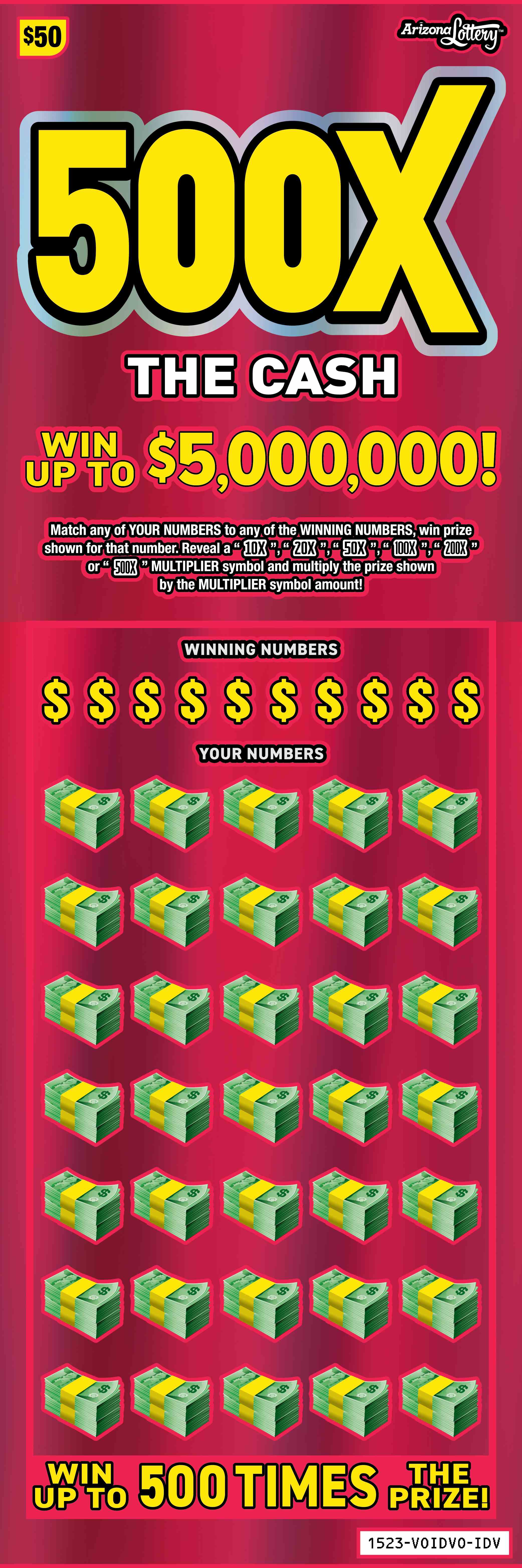 500X The Cash scratchcard - game number #1523 - front