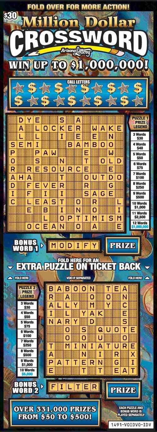 Million Dollar Crossword scratchcard - game number #1491 - front