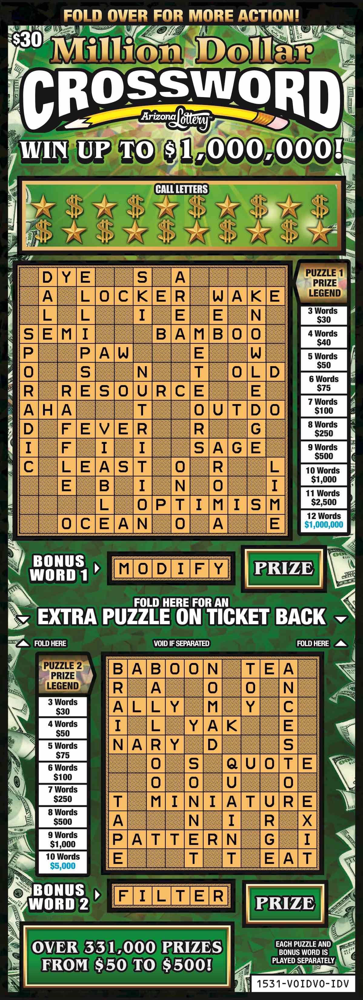 Million Dollar Crossword scratchcard - game number #1531 - front