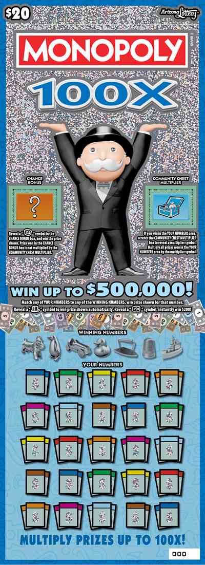 Monopoly 100X scratchcard - game number #1475 - front