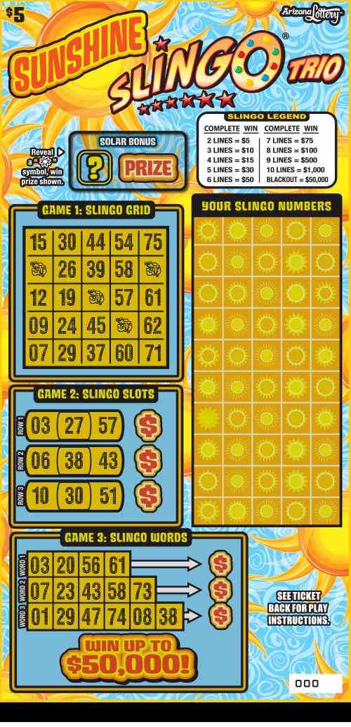 Sunshine SLINGO® Trio scratchcard - game number #1419 - front