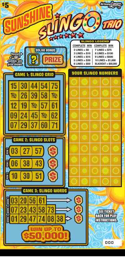 Sunshine SLINGO® Trio scratchcard - game number #1419 - front