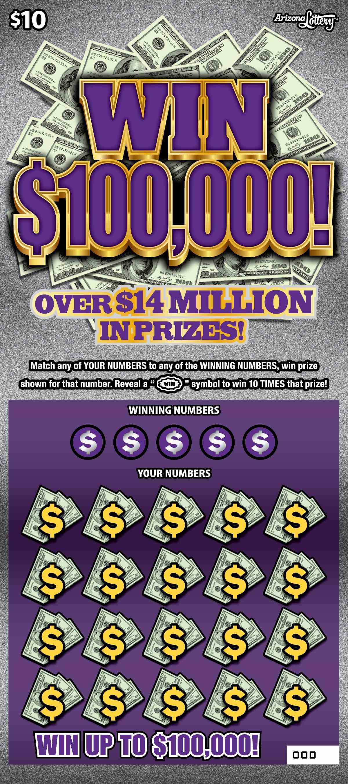 Win $100,000 scratchcard - game number #1414 - front