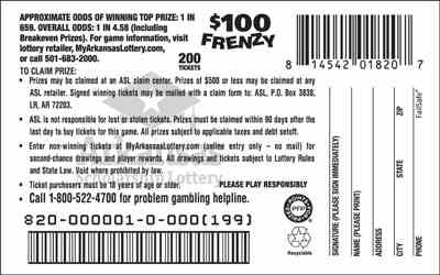 $100 Frenzy scratchcard - game number #820 - back