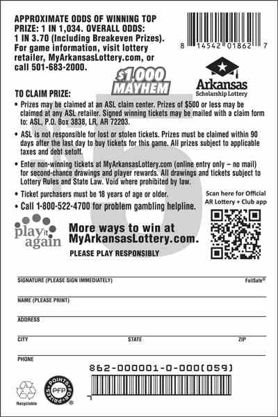 $1,000 Mayhem scratchcard - game number #862 - back