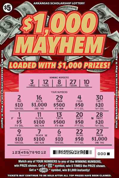 $1,000 Mayhem scratchcard - game number #862 - front-scratched