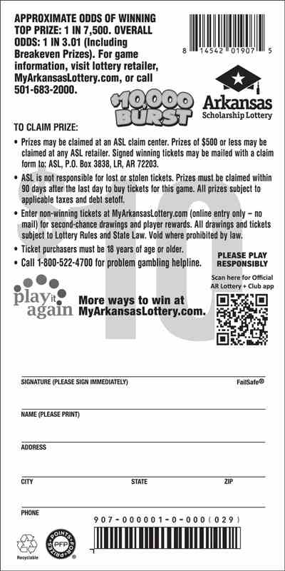 $10,000 Burst scratchcard - game number #907 - back