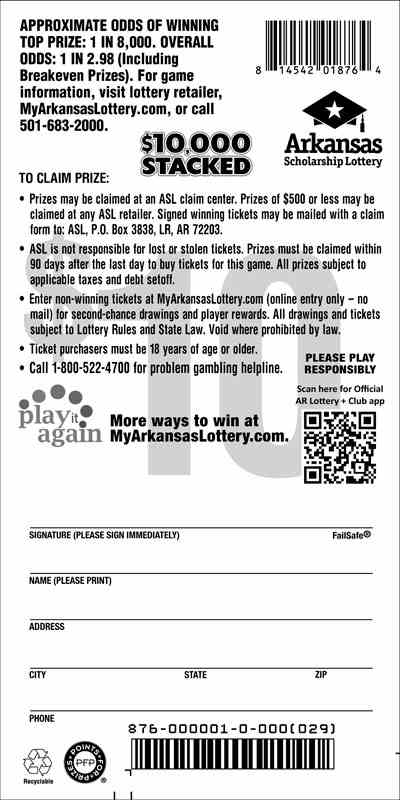 $10,000 Stacked scratchcard - game number #876 - back