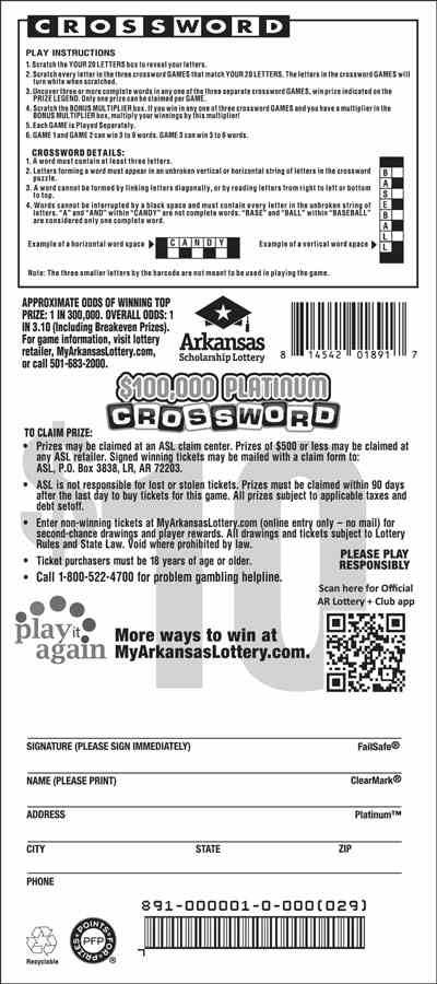 $100,000 Platinum Crossword scratchcard - game number #891 - back
