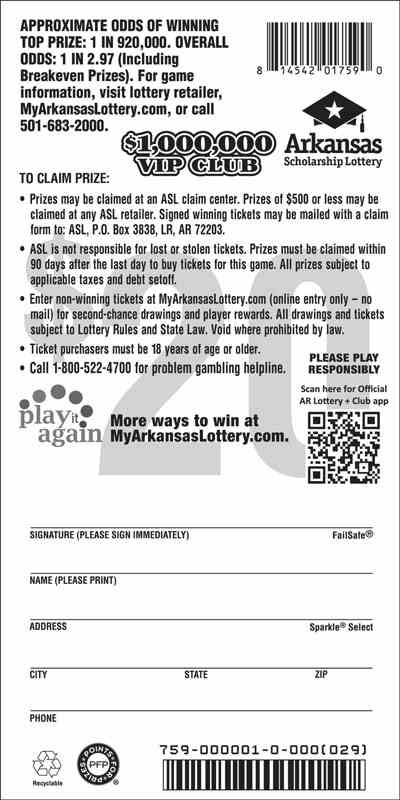 $1,000,000 Vip Club scratchcard - game number #759 - back