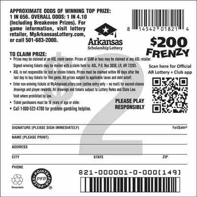 $200 Frenzy scratchcard - game number #821 - back