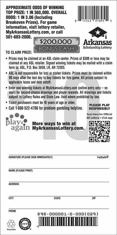 $200,000 Bonus Cash scratchcard - game number #895 - back