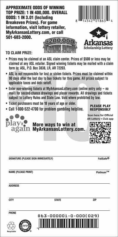 $200,000 Platinum Jackpot scratchcard - game number #863 - back