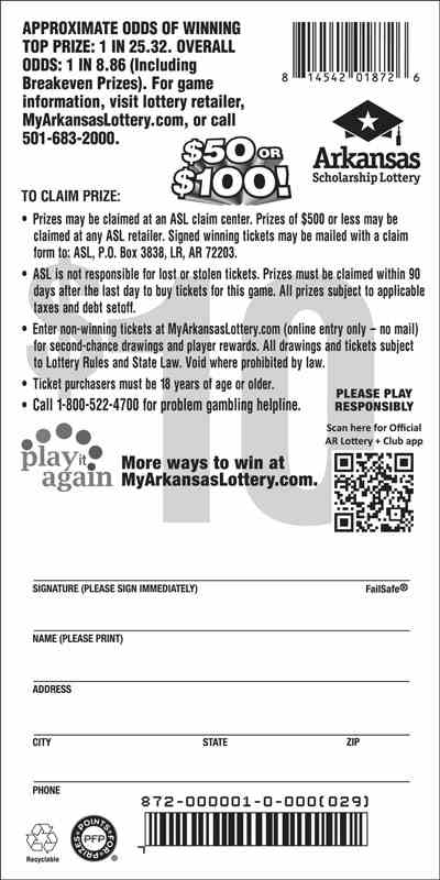 $50 Or $100! 2026 Ed. scratchcard - game number #872 - back