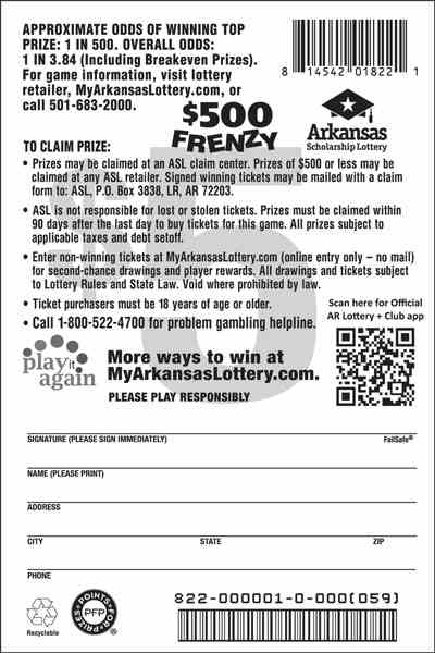 $500 Frenzy scratchcard - game number #822 - back