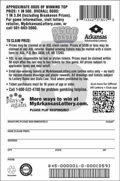 $500 Loaded scratchcard - game number #845 - back