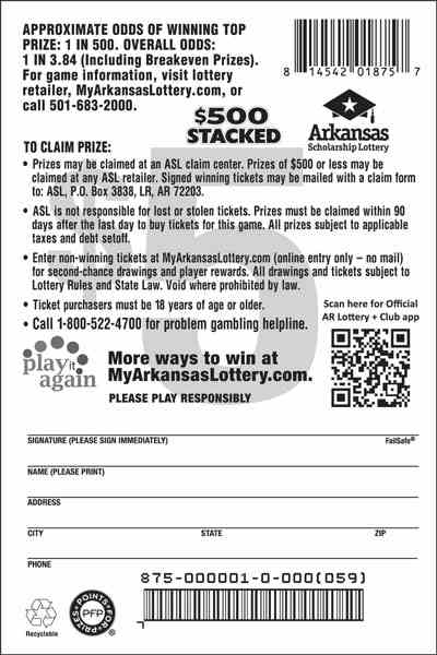 $500 Stacked scratchcard - game number #875 - back