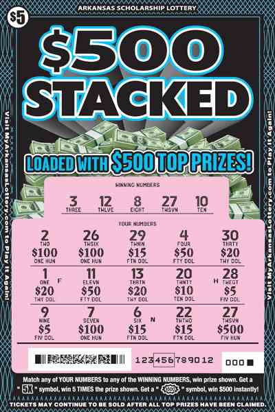 $500 Stacked scratchcard - game number #875 - front-scratched