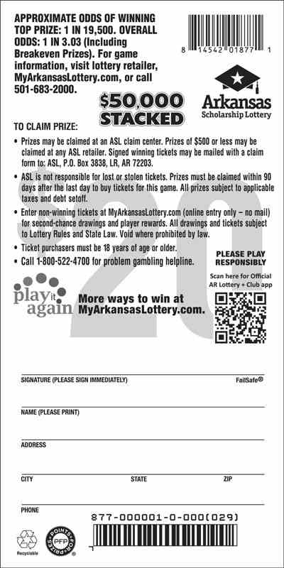 $50,000 Stacked scratchcard - game number #877 - back