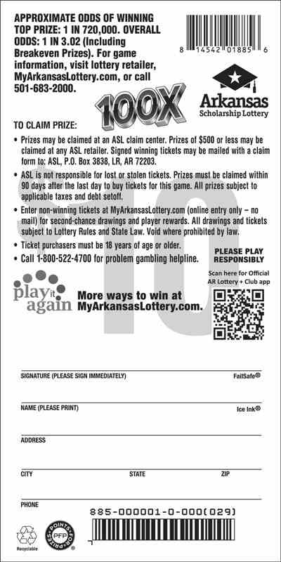 100X scratchcard - game number #885 - back