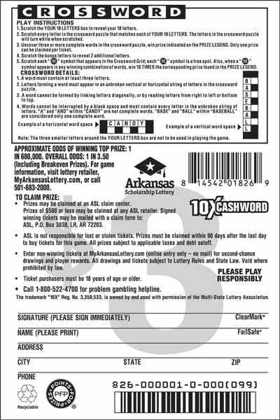 10X® Cashword scratchcard - game number #826 - back