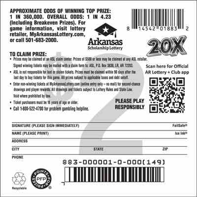 20X scratchcard - game number #883 - back