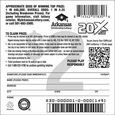 20X The Cash scratchcard - game number #830 - back