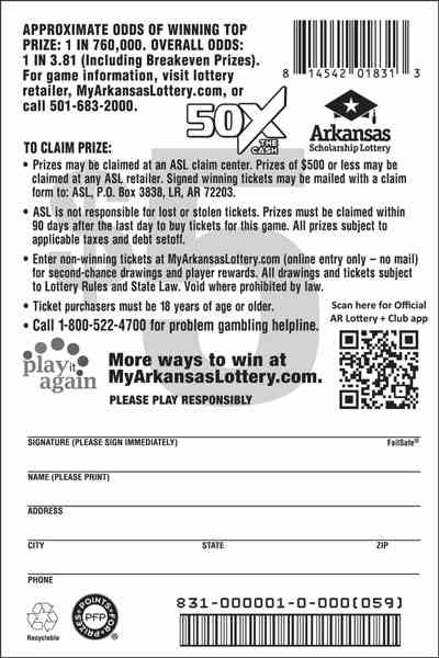 50X The Cash scratchcard - game number #831 - back