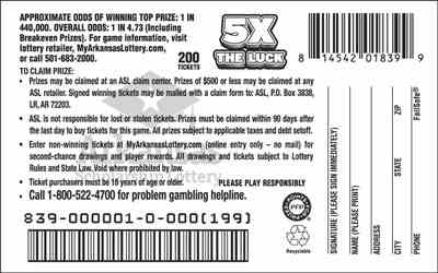 5X The Luck scratchcard - game number #839 - back