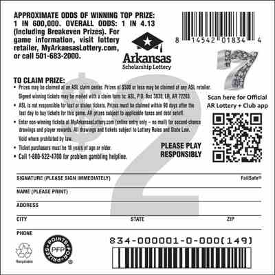 7 scratchcard - game number #834 - back