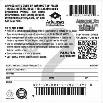 America's 250Th scratchcard - game number #897 - back