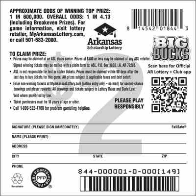 Big Bucks scratchcard - game number #844 - back
