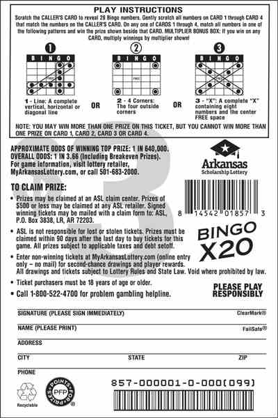 Bingo X20 scratchcard - game number #857 - back
