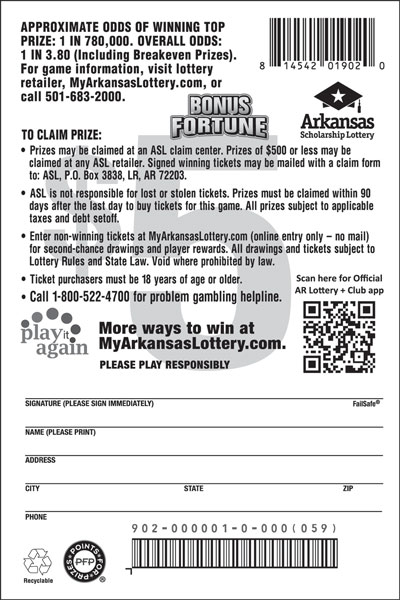 Bonus Fortune scratchcard - game number #902 - back
