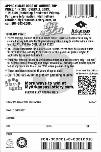 Hit $250 scratchcard - game number #809 - back