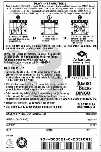 Jumbo Bucks Bingo scratchcard - game number #804 - back