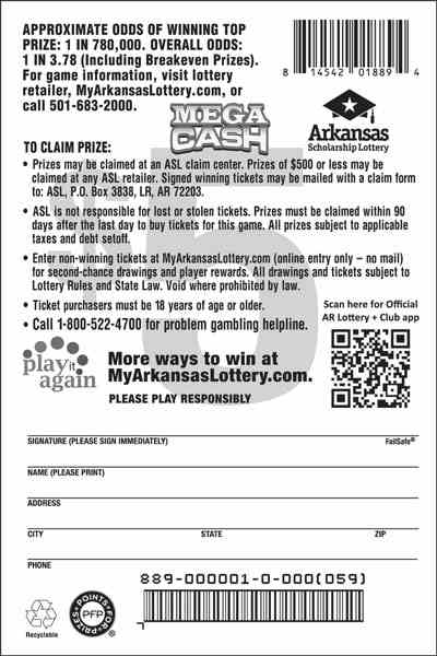 Mega Cash scratchcard - game number #889 - back