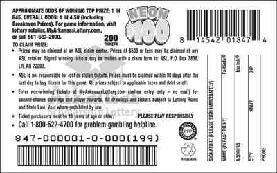 Neon $100 scratchcard - game number #847 - back