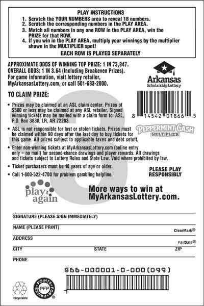 Peppermint Cash Multiplier scratchcard - game number #866 - back