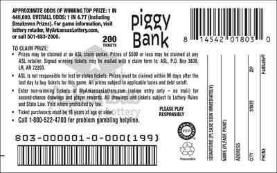 Piggy Bank scratchcard - game number #803 - back