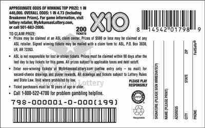 X10 scratchcard - game number #798 - back