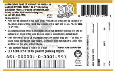 X10 High Roller scratchcard - game number #851 - back