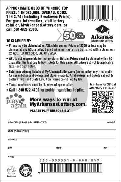 X50 The Cash scratchcard - game number #906 - back