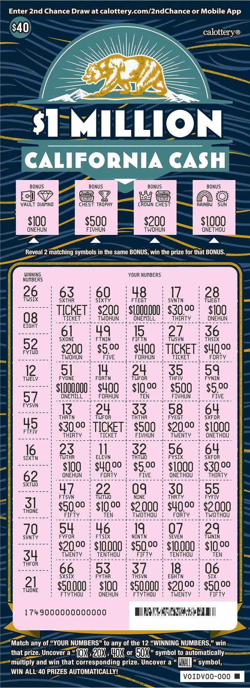 $1 Million California Cash scratchcard - game number #1749 - front-scratched