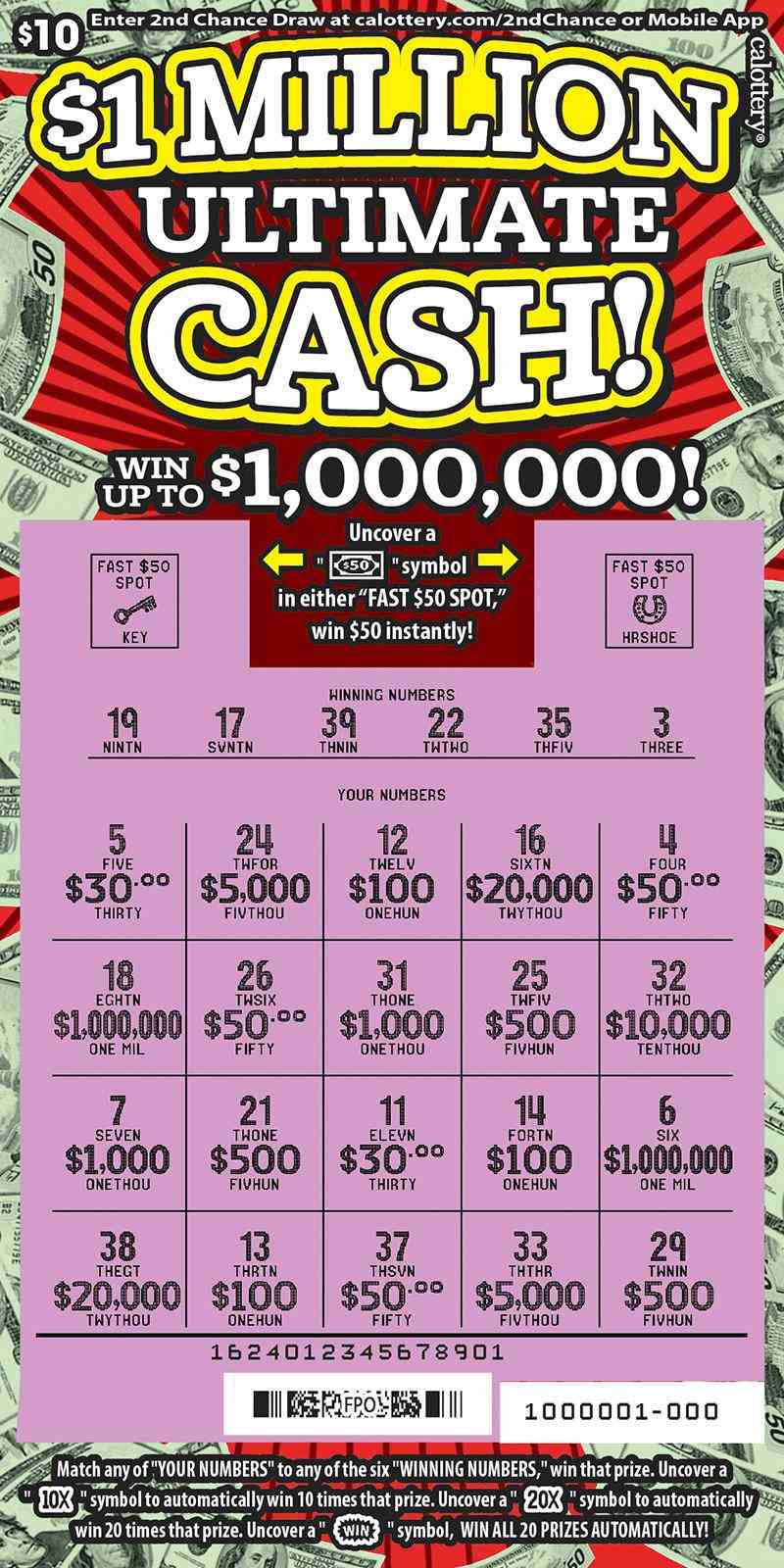 $1 Million Ultimate Cash! scratchcard - game number #1624 - front-scratched