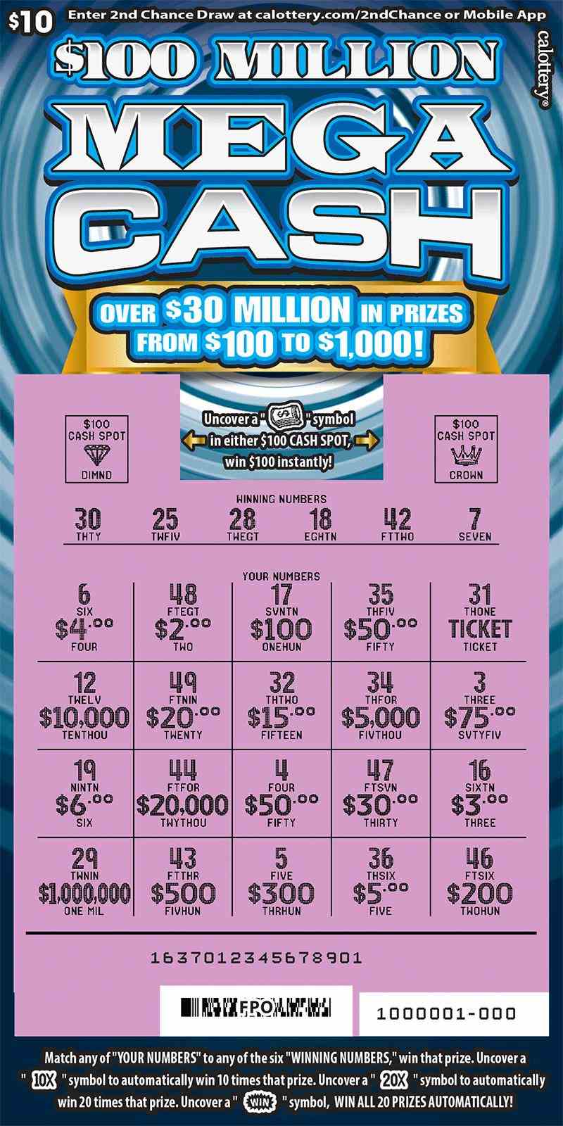 $100 Million Mega Cash scratchcard - game number #1637 - front-scratched