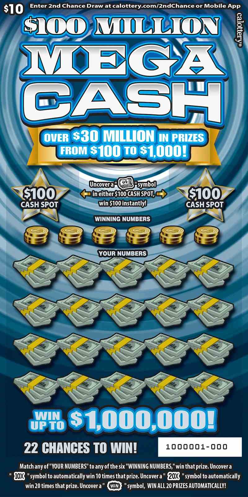 $100 Million Mega Cash scratchcard - game number #1637 - front