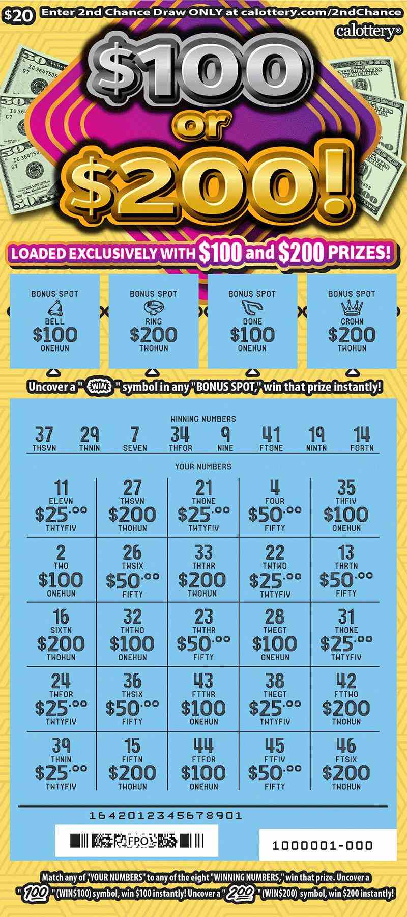 $100 Or $200! scratchcard - game number #1642 - front-scratched