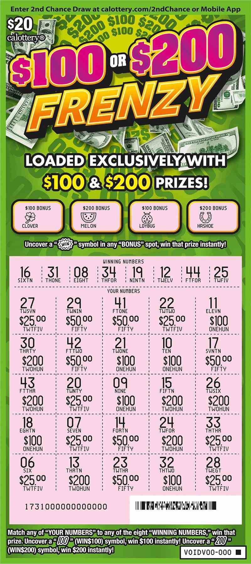 $100 Or $200 Frenzy scratchcard - game number #1731 - front-scratched